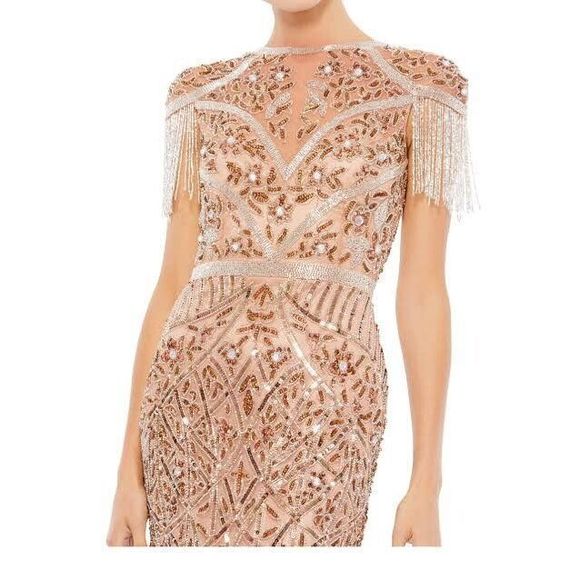 Mac Duggal Embellished Fringe Cap Sleeve Trumpet Gown In Platinum - Picture 2 of 10